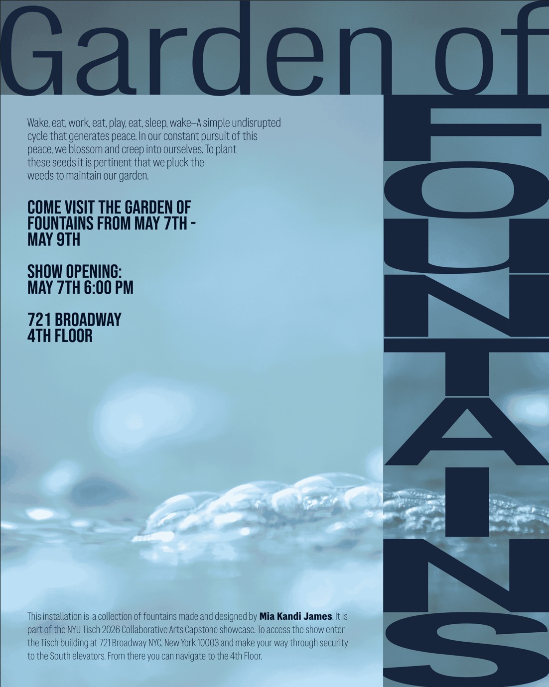 Blue poster with closeup shot of bubbles. Text reads: Garden of Fountains. Wake, eat, work, eat, play, eat, sleep, wake-- A simple undisrupted cycle that generates peace. In our constant pursuit of this peace, we blossom and creep into ourselves. To plant these seeds it is pertinent that we pluck the weeds to maintain our garden. Show dates listed. This installation is a collection of fountains made and designed by Mia Kandi James. Instructions to enter the building follow.