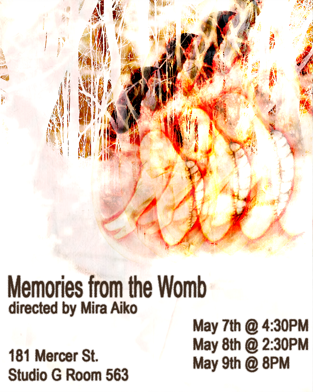 Image with trees with inverted color, splashes of various shades of red. Memories from the womb directed by Mira Aiko. Performance dates and location listed.