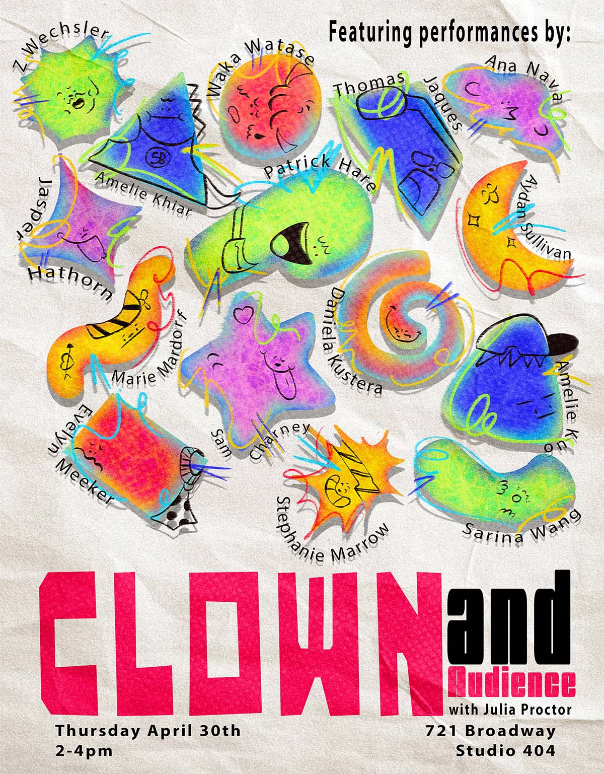 Colored shapes with cartoon faces are labeled with the names of students. All text replicated in main article