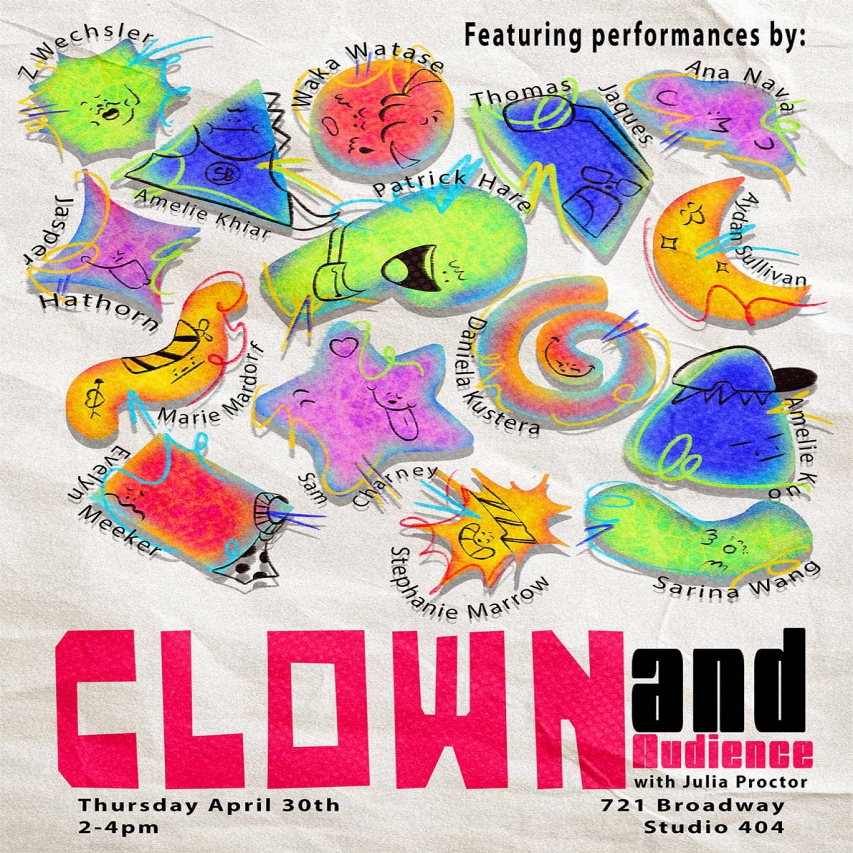 Colored shapes with cartoon faces are labeled with the names of students. All text replicated in main article