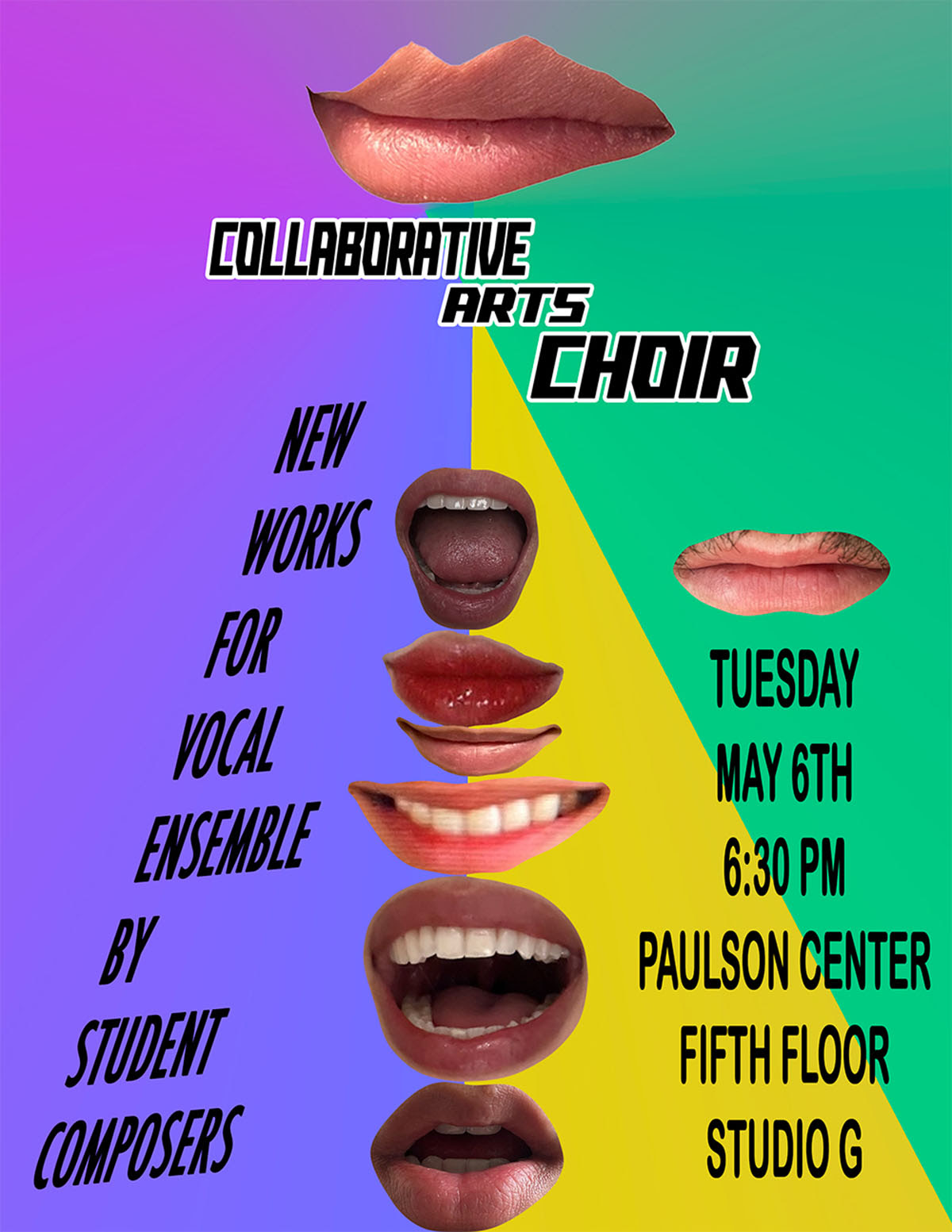 A blended purple and green background with a yellow triangle; over the background are 8 different photographs of mouths in various states of smiling or vocalizing. Text replicated in article
