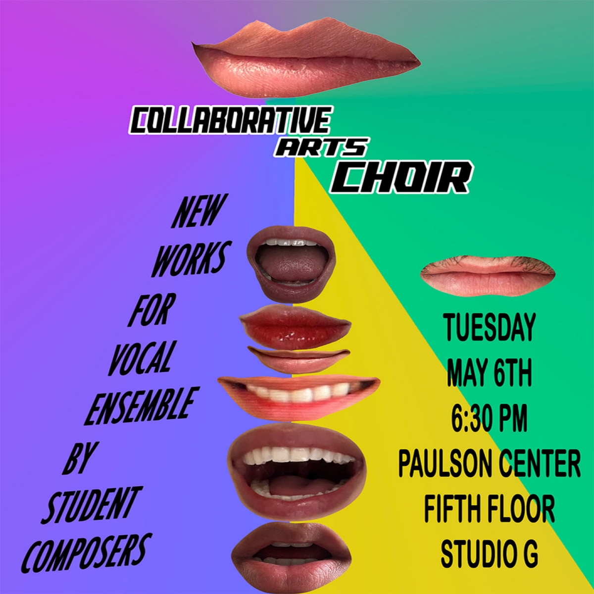A blended purple and green background with a yellow triangle; over the background are 8 different photographs of mouths in various states of smiling or vocalizing. Text replicated in article