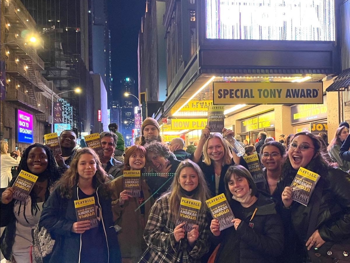 students outside of a Broadway show