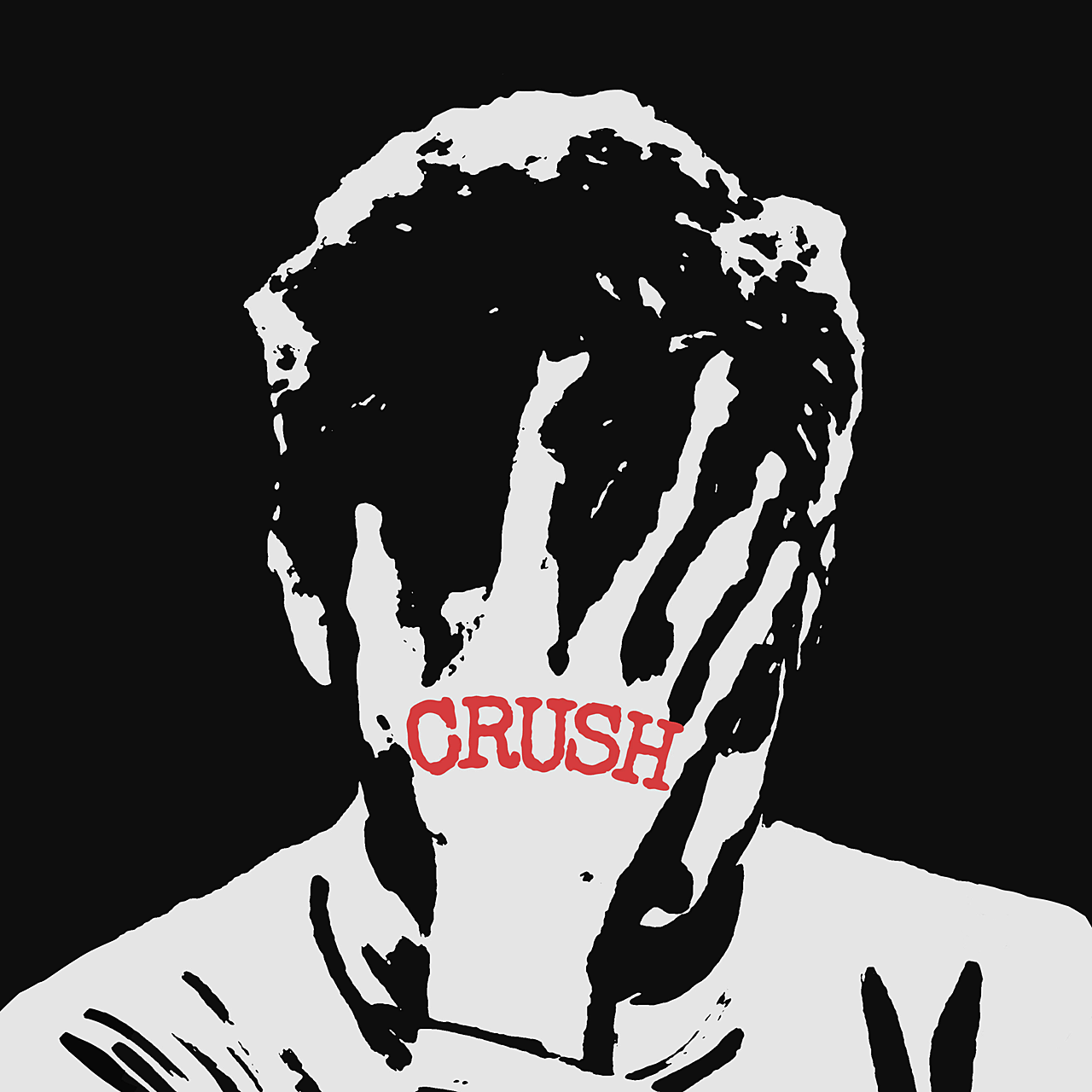 Black and white image of a figure with palm over their face. On the back of the palm, CRUSH is printed in red.