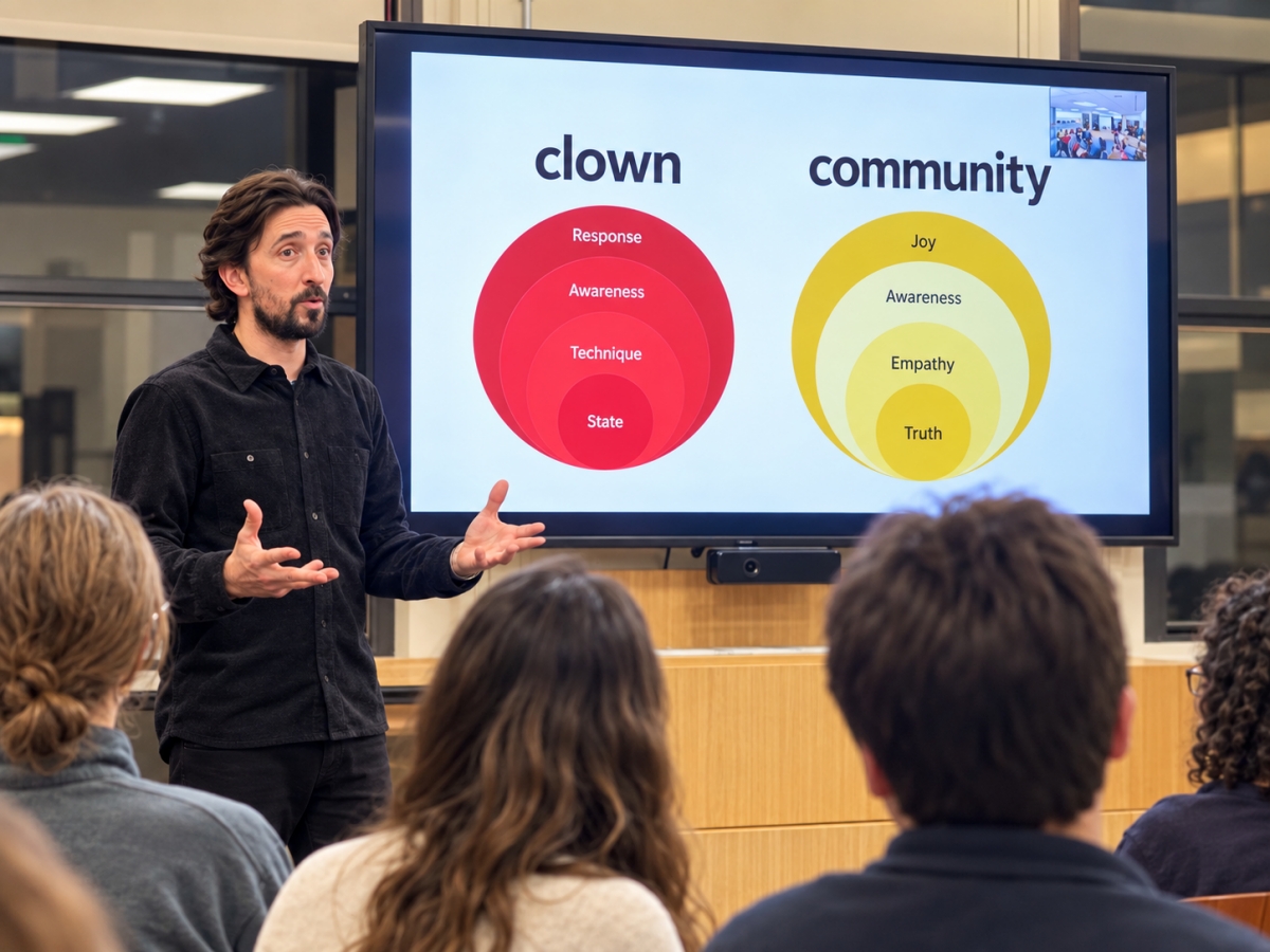Mycah Hogan stands in front of his presentation, addressing the class on clowning principles
