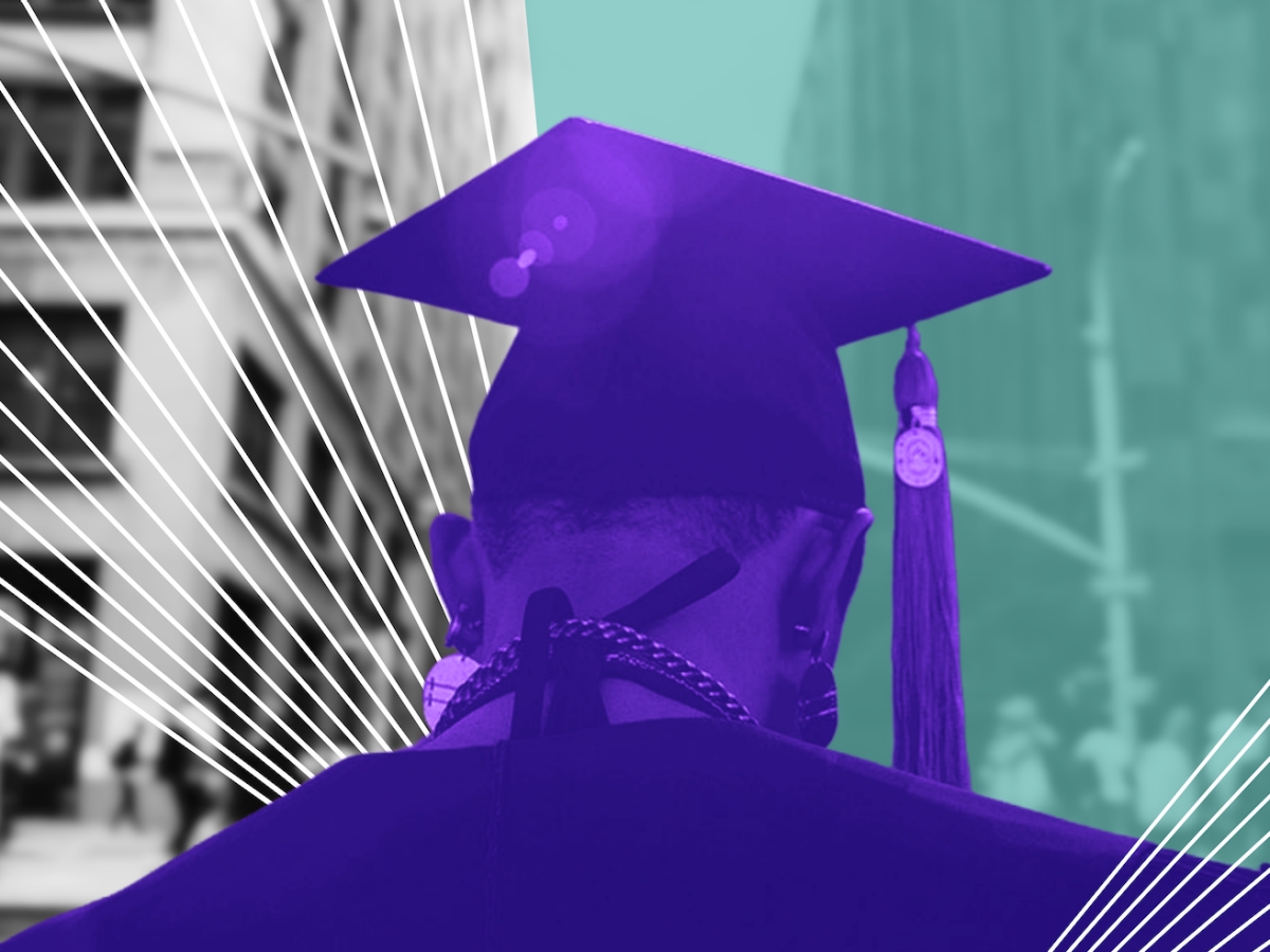 Back view of a person wearing a graduation cap and gown with purple overlay. Teal block of color and white starburst lines are in the background. 