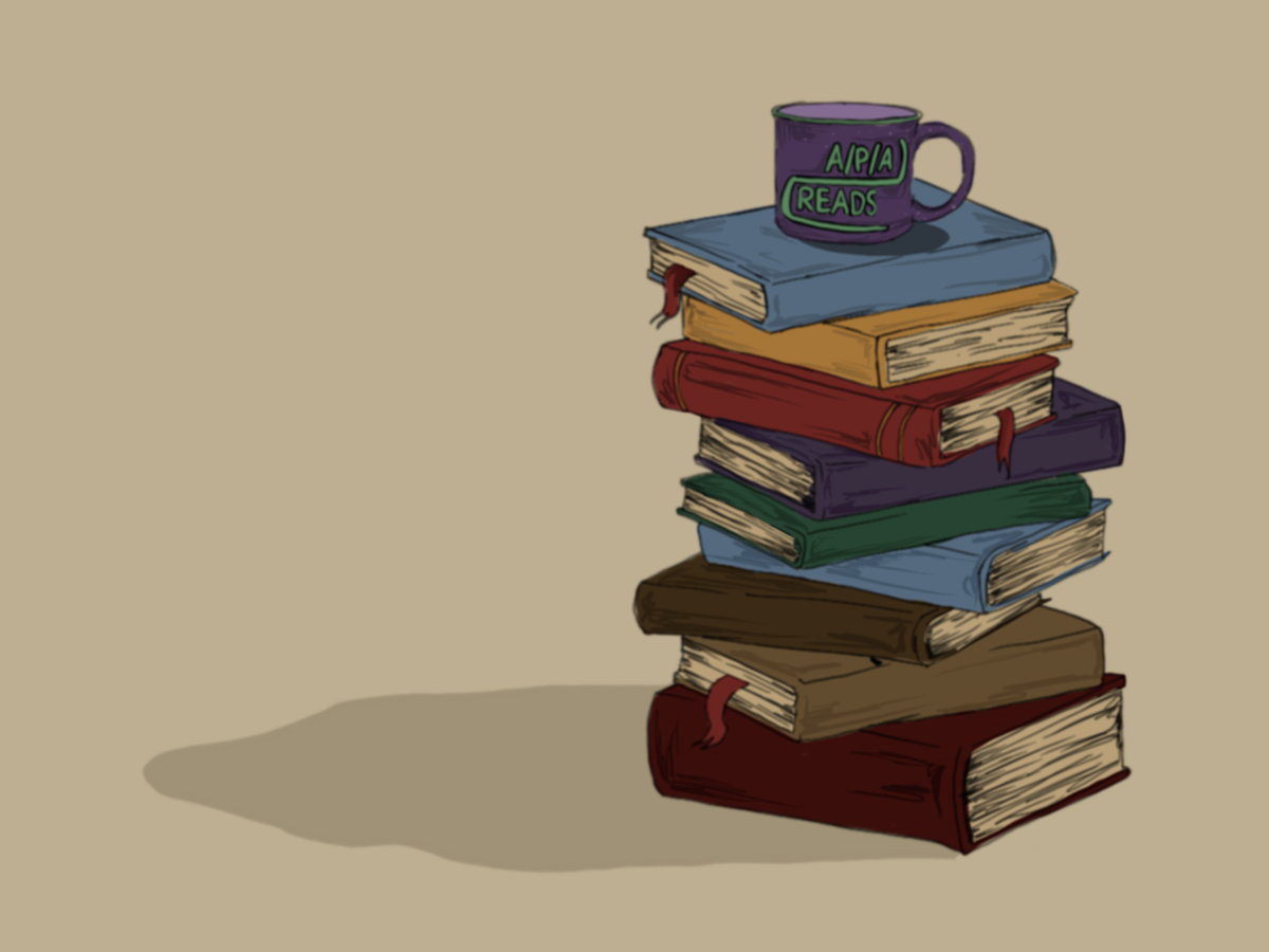 Illustrated, multi-colored stack of books casting shadow on neutral beige background