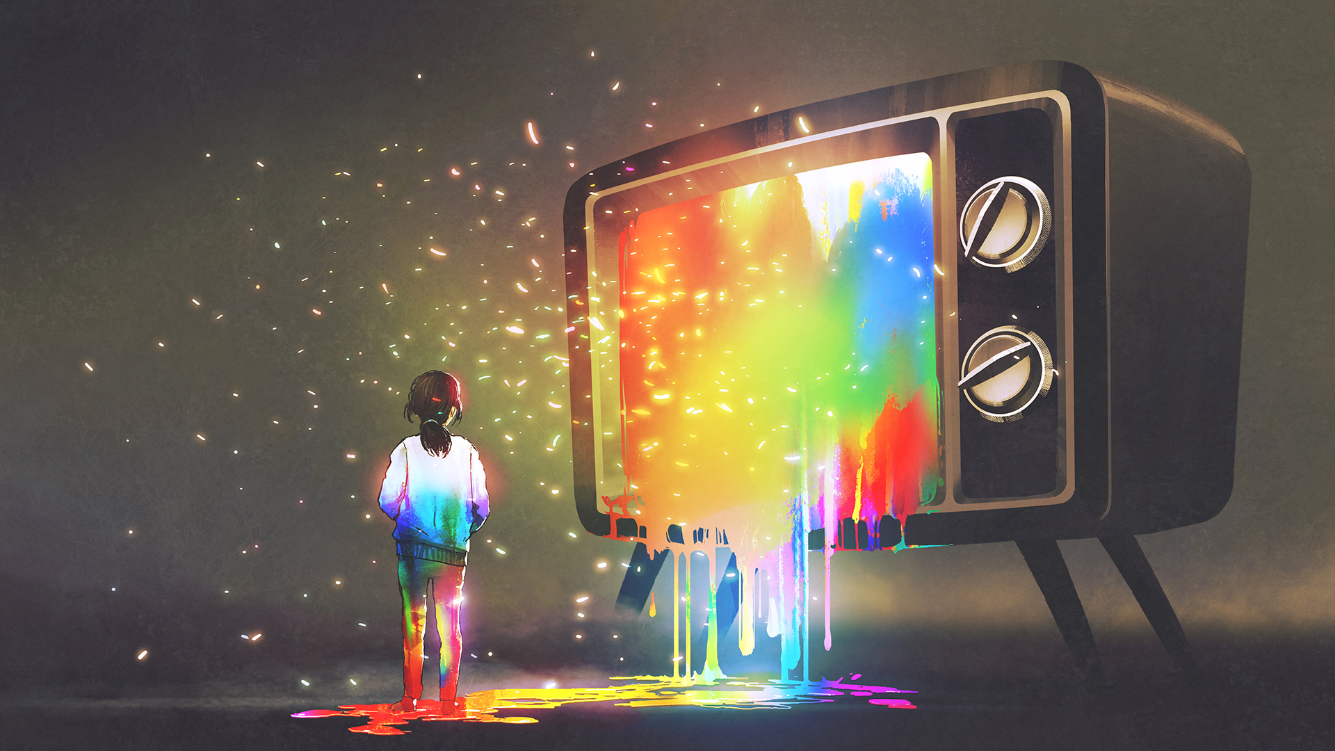Illustration of a television set speckled with floating lights and the colors of the rainbow. A figure stands to the left of the screen, covered in the same colors.