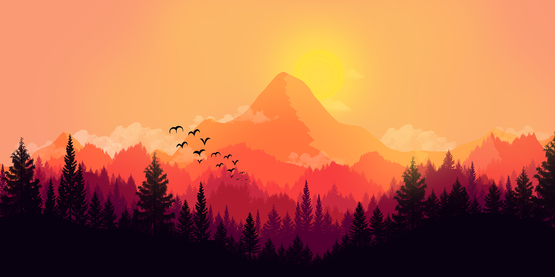 Illustration with trees in foreground and birds flying over a pastel backdrop of a mountain during a sunset or pinks, oranges and reds