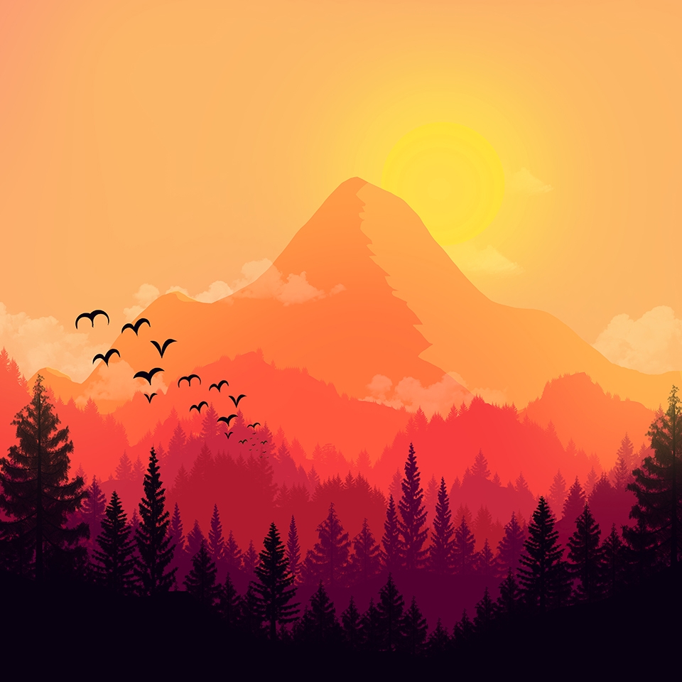 Illustration with trees in foreground and birds flying over a pastel backdrop of a mountain during a sunset or pinks, oranges and reds