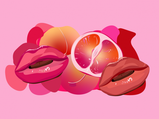 Image of illustrated lips and grapefruit on a light pink background