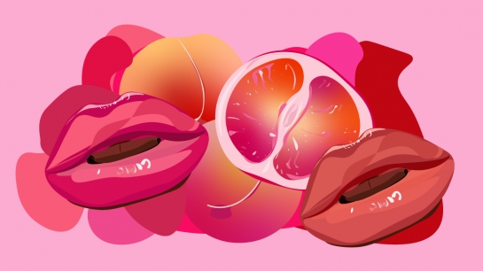 Image of illustrated lips and grapefruit on a light pink background