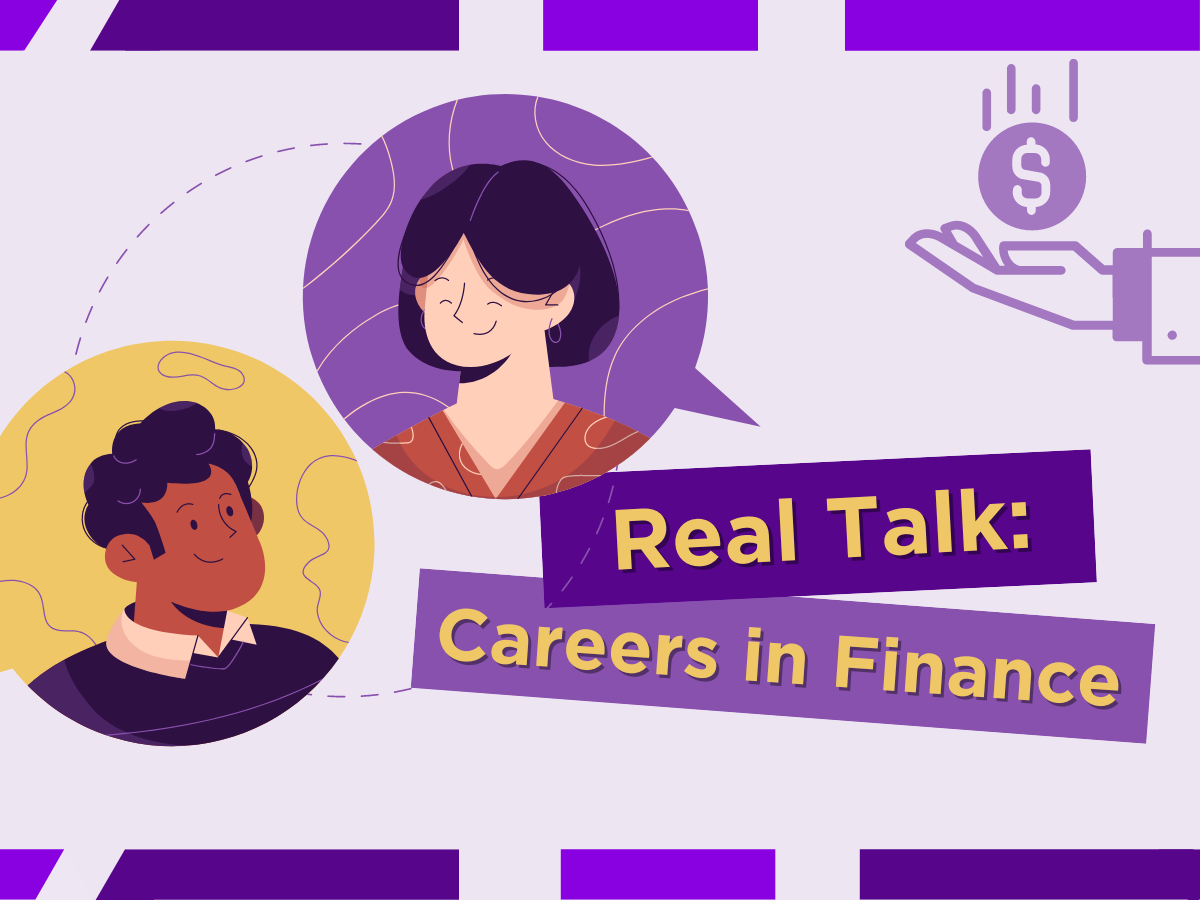 Graphic of two illustrated individuals on light purple background with caption "Real Talk: Careers in Finance"