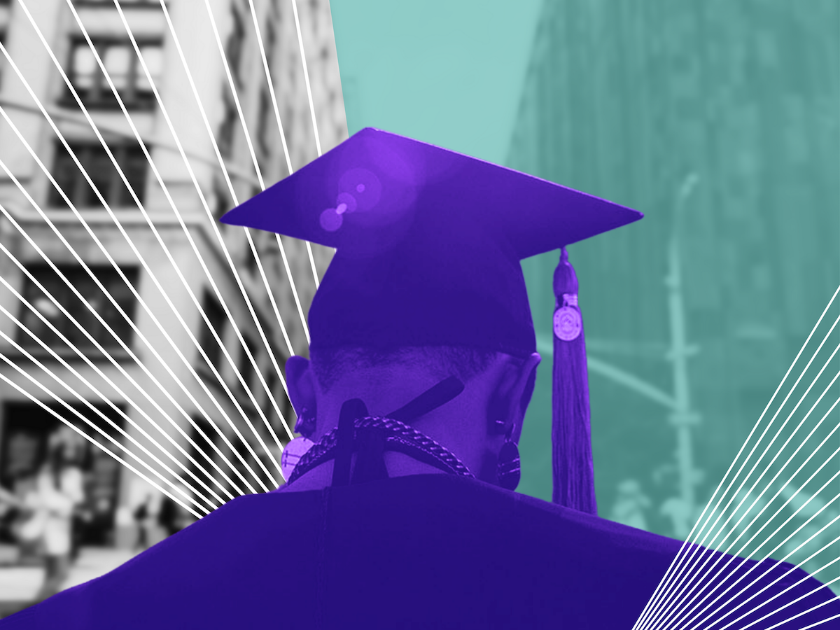 purple silhouette of a graduate in a tassled cap, buildings that represent the washington square neighborhood are in the background