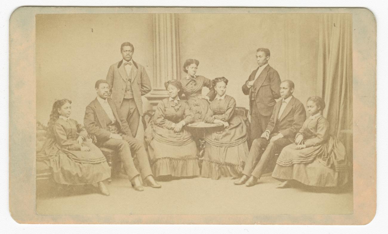 A CARTE-DE-VISTE DEPICTING THE FISK UNIVERSITY JUBILEE SINGERS WITH ALL NINE MEMBERS PRESENT, 1872. COLLECTION OF THE SMITHSONIAN NATIONAL MUSEUM OF AFRICAN AMERICAN HISTORY AND CULTURE