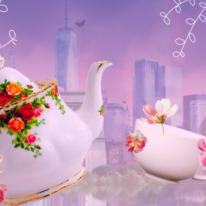 Floral tea set in front of pink NYC skyline.