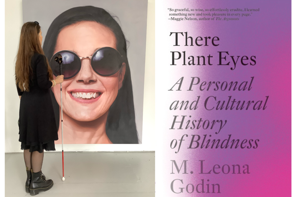 Author photo next to paperback cover. Godin stands to the side of and faces a six-foot canvas on which is painted a hyper-realistic close-up of her head (painting by Roy Nachum, photographed by Alabaster Rhumb). A misty, speckled spectrum of colors ranging from light grey at the spine to a vibrant violet at center with  the title and byline in a large black font and Maggie Nelson’s blurb at the top.
