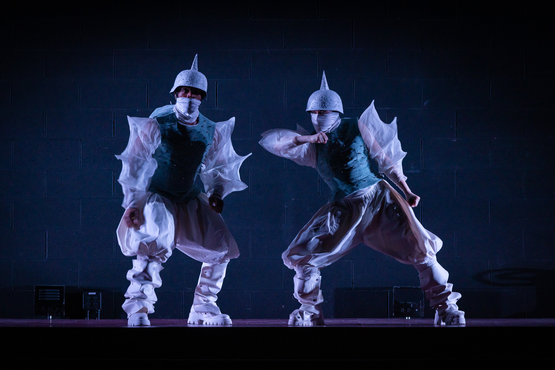 two shadowy figures in rhinoceros costumes