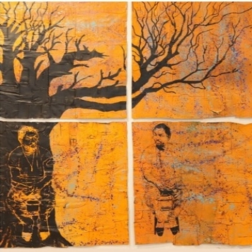 Black and Orange collage of two people sitting under a tree