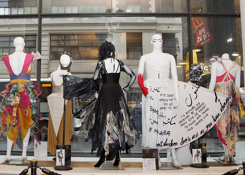 Costumes from "A Conference of the Birds" on Display in from of Tisch