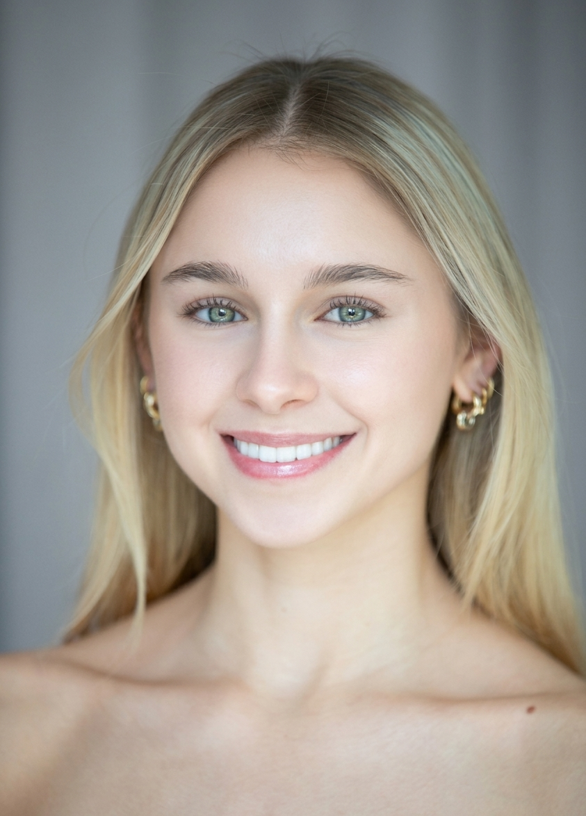 smiling student with gold hoop earrings and blonde hair in a center part. 