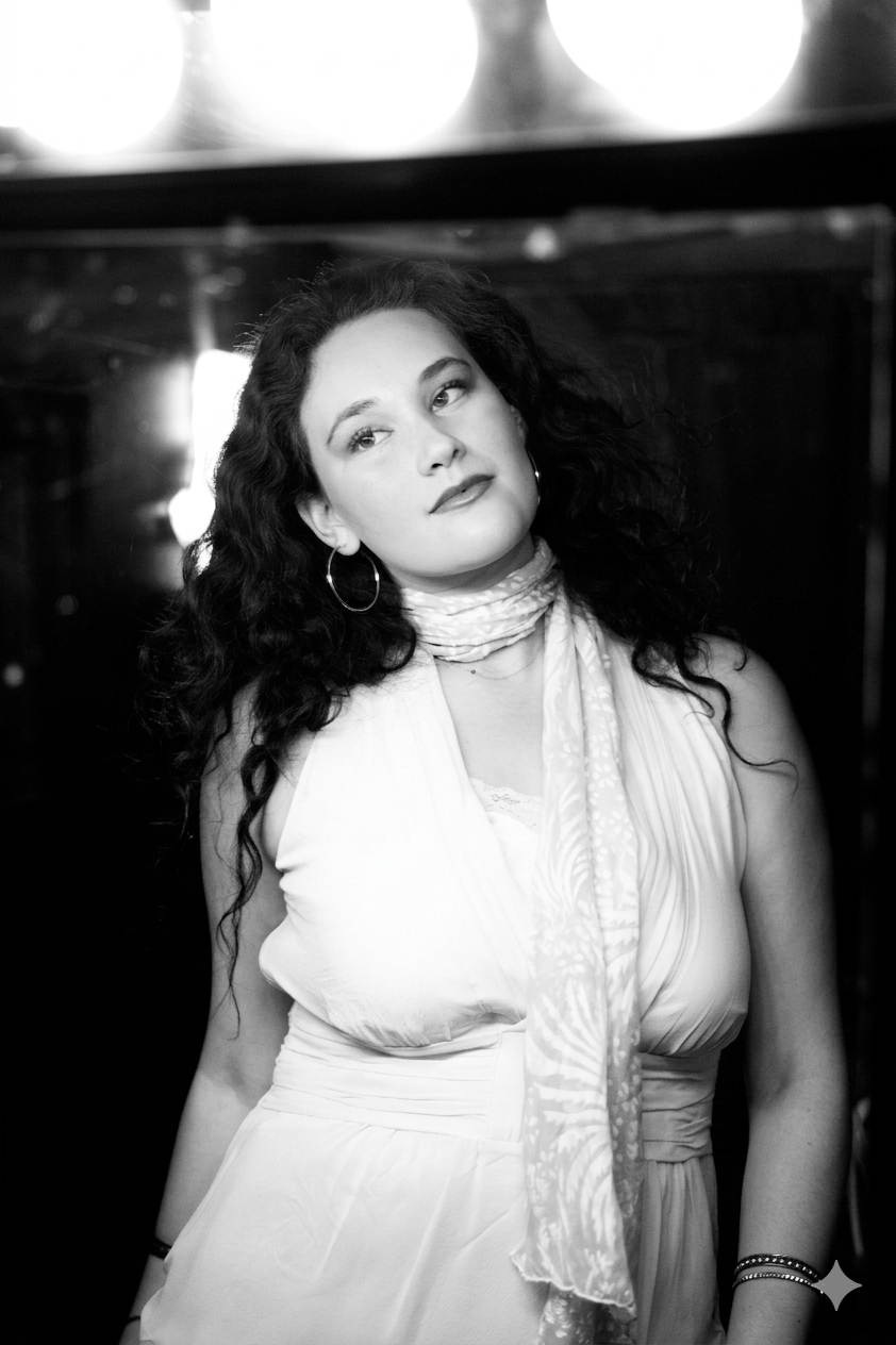 black and white photo of student in white top and scarf