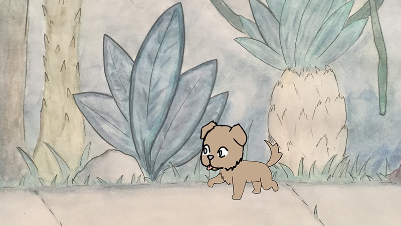 An illustratted image of a puppy walking down the street.