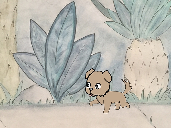 Film Still from Buddy. Image of drawing of a little dog walking in a park. 