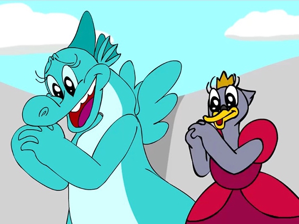 Film Still from Dragon in Distress. Image of drawing of dragon and a duck princess.