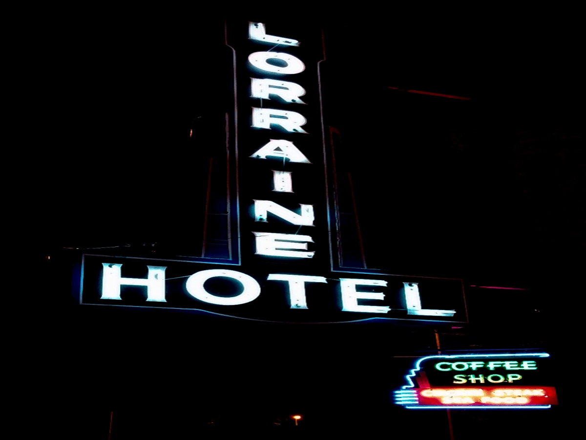 Film still from In Our Words. Image of hotel marquee that reads Lorraine Hotel. 