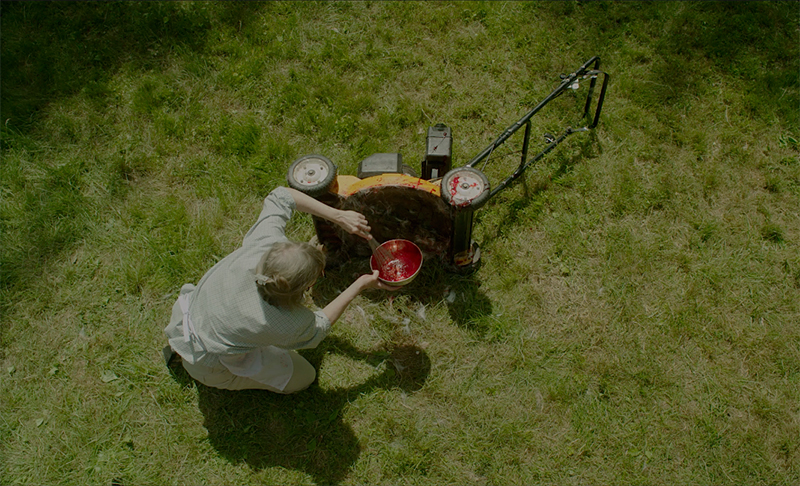 An arial shot of a woman painting an old lawnmower.