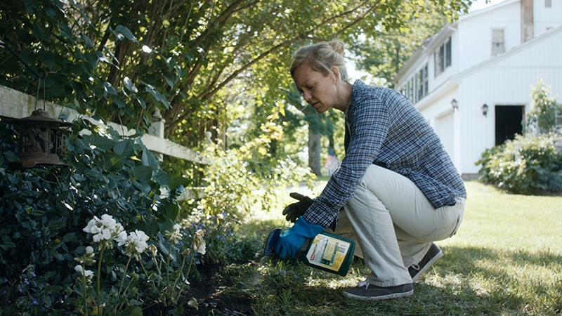 A woman holding a spray bottle, tending to a lawn.