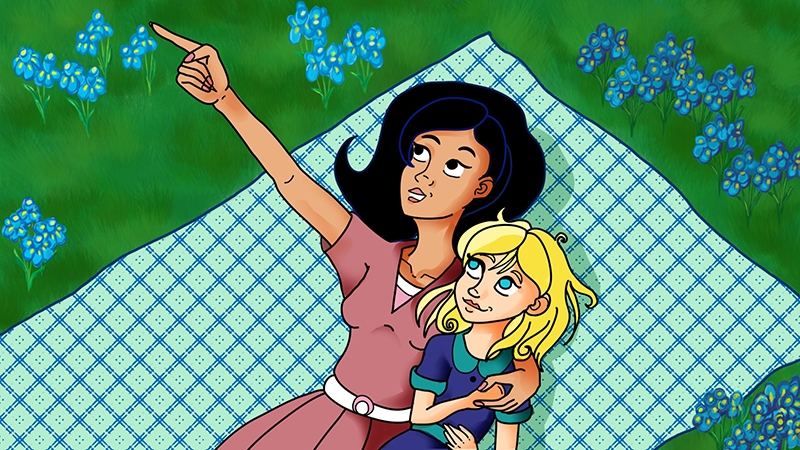 An illustration of two women laying on a picnic blanket