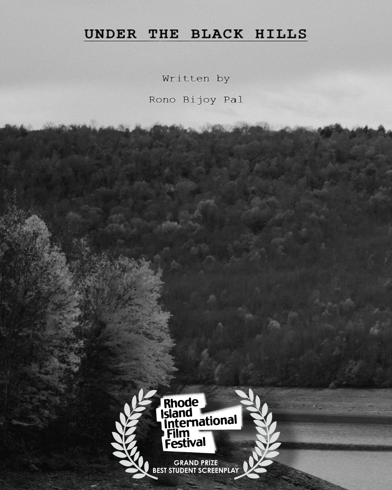 Cover page of Rono's script Under the Black Hills with RIIFF Grand Prize Best Student Screenplay laurel printed.