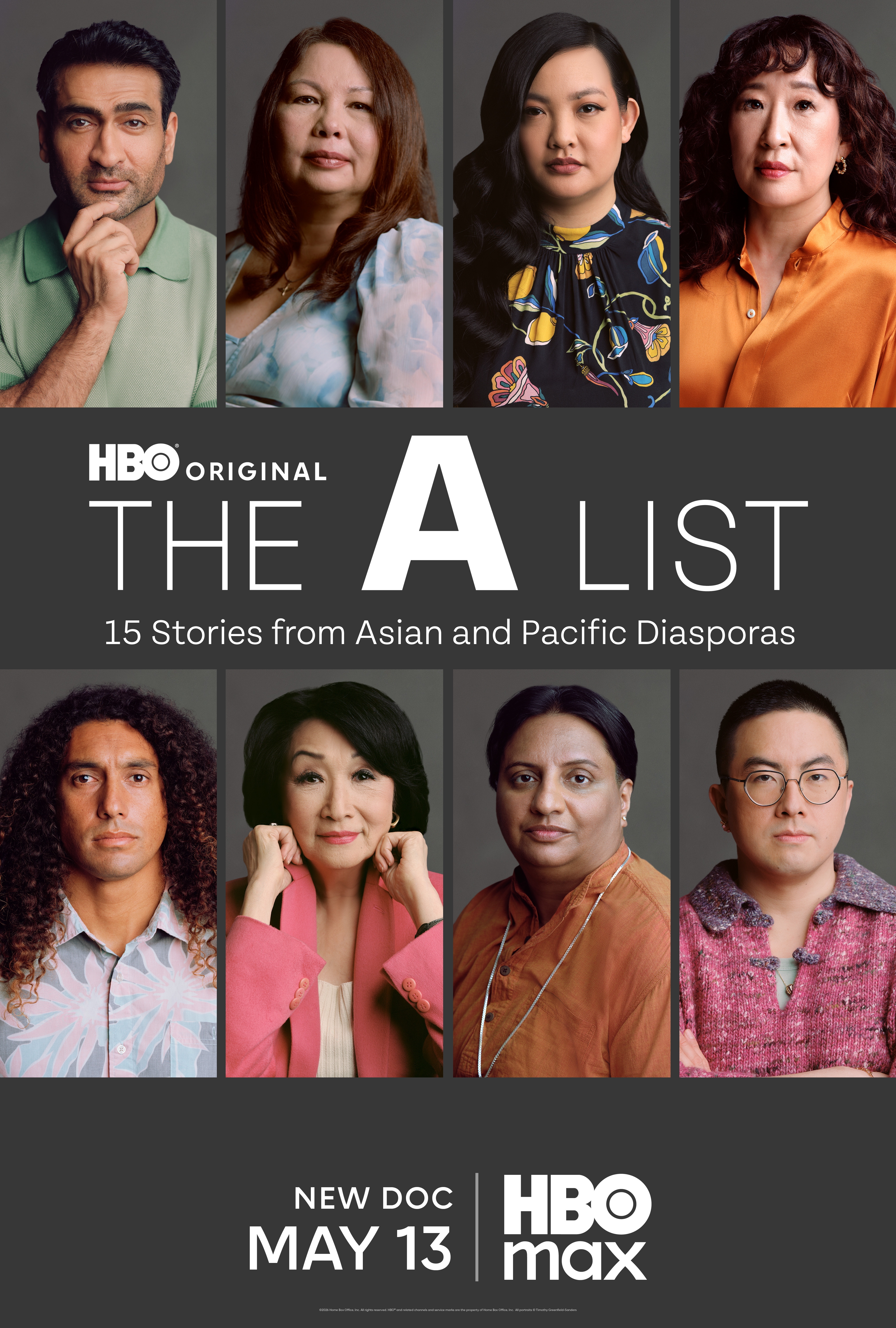 portraits of eight celebrities. Text reads: HBO Original The A List 15 Stories from Asian and Pacific Diasporas New Doc May 13 HBO MAXAll portraits © Timothy Greenfield-Sanders