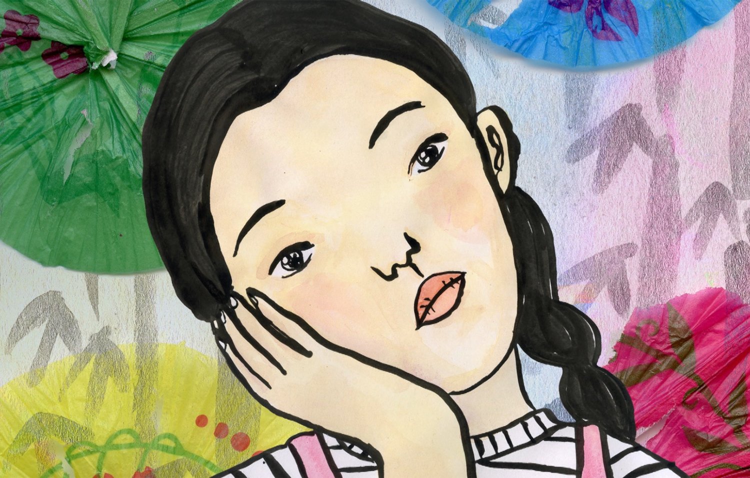 Film Still from, Agua Viva. Drawing of woman resting her head in her hands.