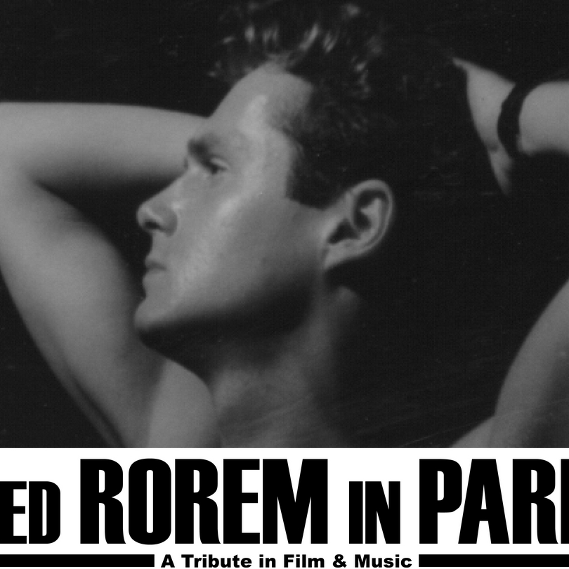Picture of man looking to his right with hands on head. Text under reads: Ned Rorem in Paris A tribute in Film & Music