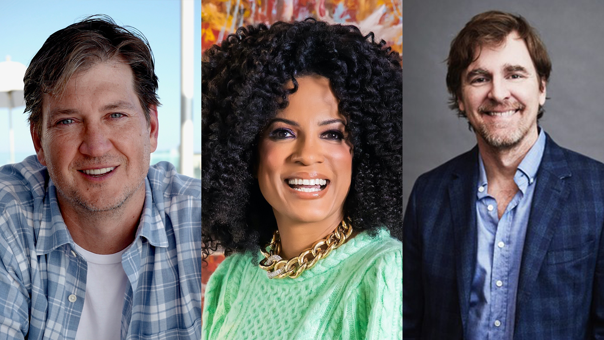 Three headshots (L to R) Bill Lawrence, Janine Sherman Barrois, Chris Sheridan