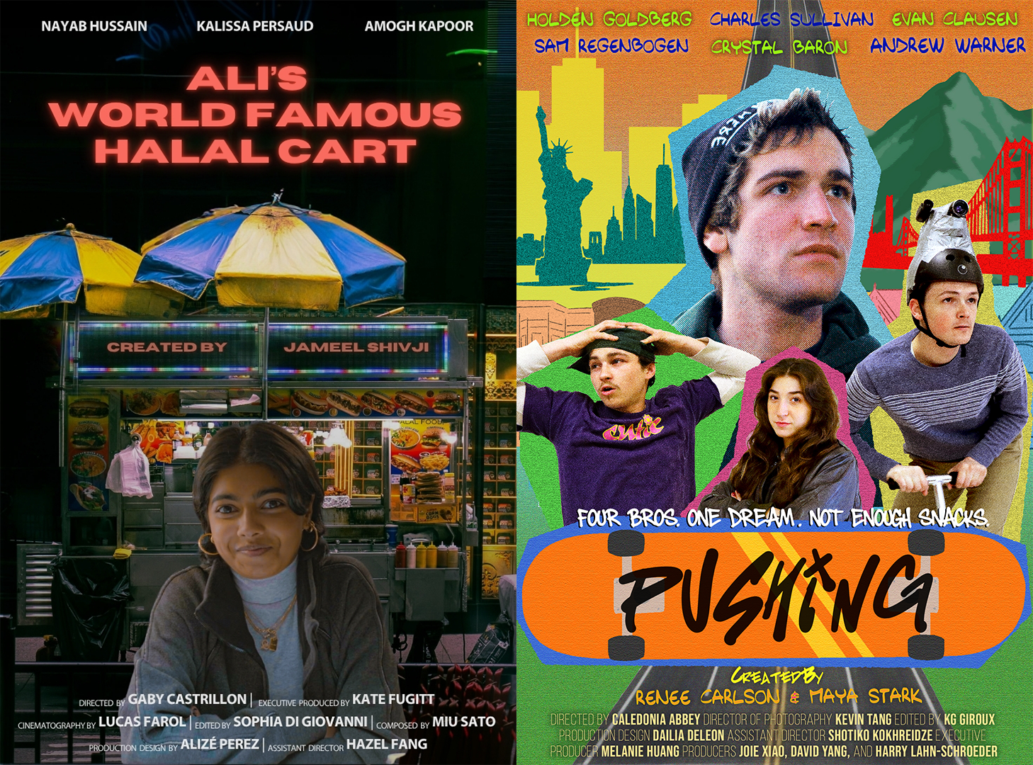 Two Movie posters side by side. Left poster is of a person smiling in front of a street food vendor truck, text above reads Ali's Wolrd Famous Halal Cart. Poster on right shows four people over illustrated new york city. Text reads Four bros One Dream not enough snacks. Pushing.