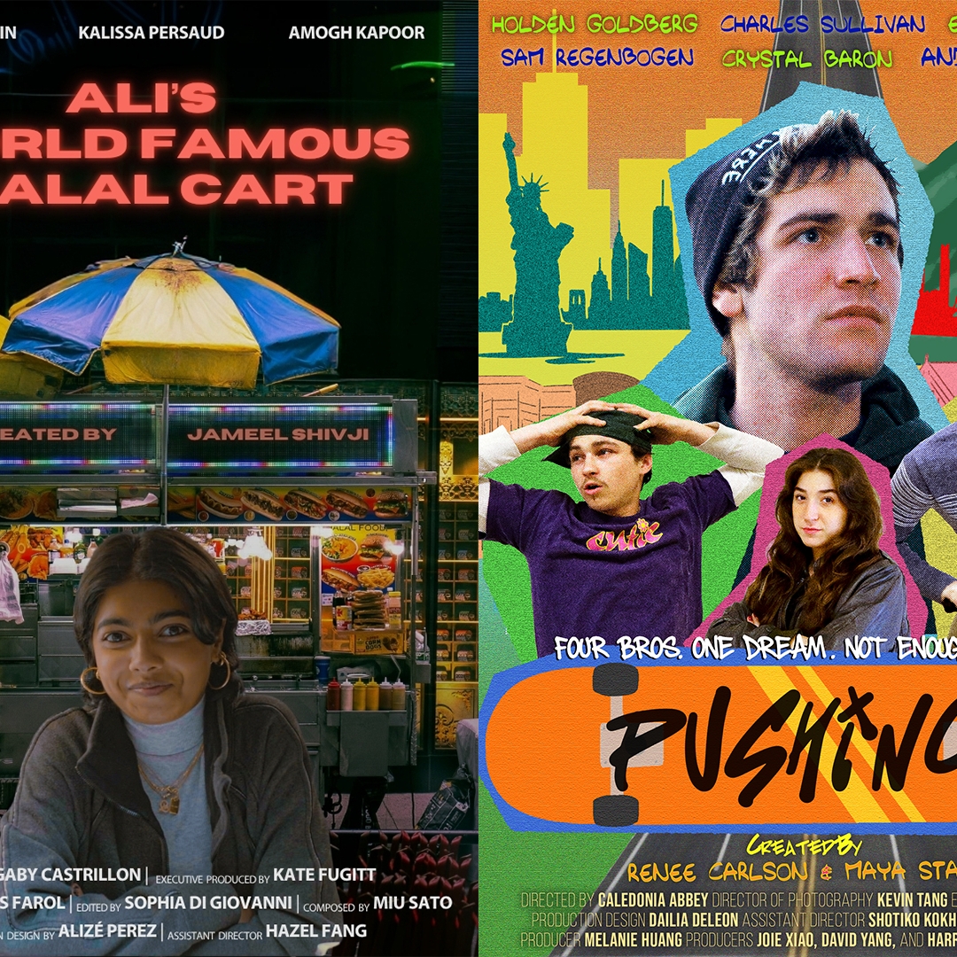 Two Movie posters side by side. Left poster is of a person smiling in front of a street food vendor truck, text above reads Ali's Wolrd Famous Halal Cart. Poster on right shows four people over illustrated new york city. Text reads Four bros One Dream not enough snacks. Pushing.