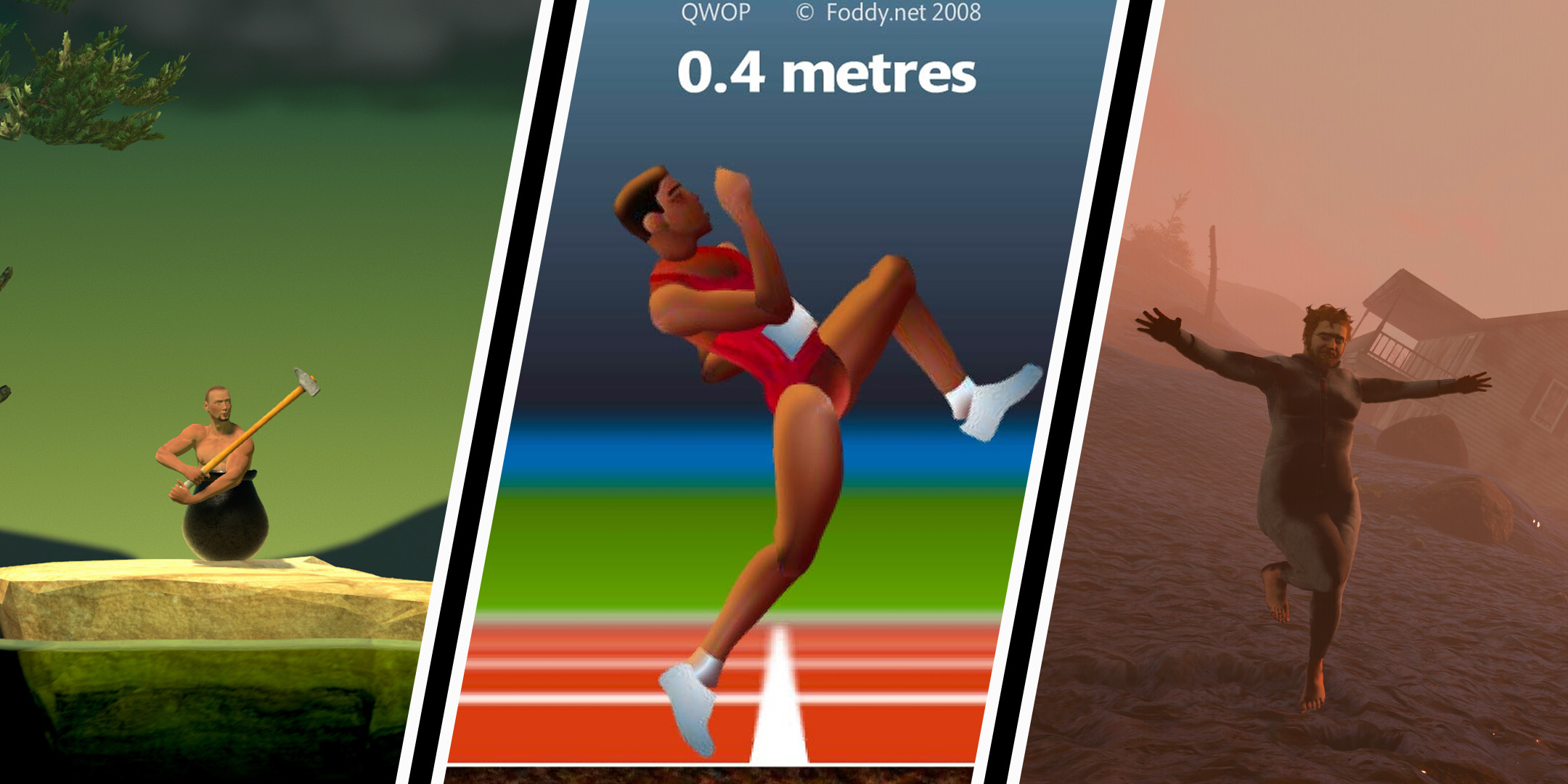 Screenshots from left to right: Getting Over It with Bennett Foddy, QWOP, and Baby Steps