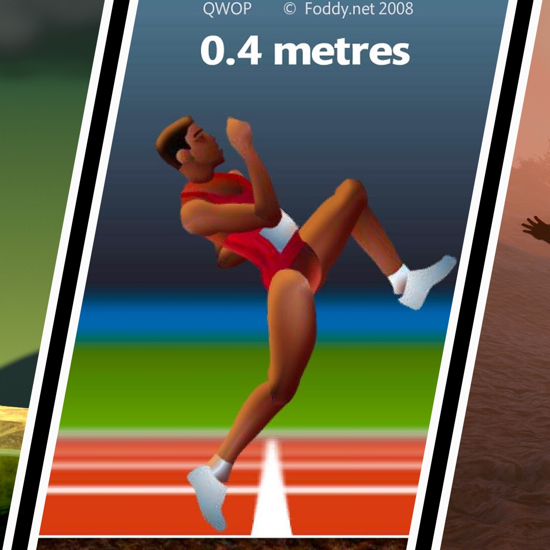 Screenshots from left to right: Getting Over It with Bennett Foddy, QWOP, and Baby Steps