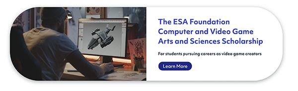 ESA Foundation Computer and Video Game Arts and Sciences Scholarship with photo of student working on 3D model