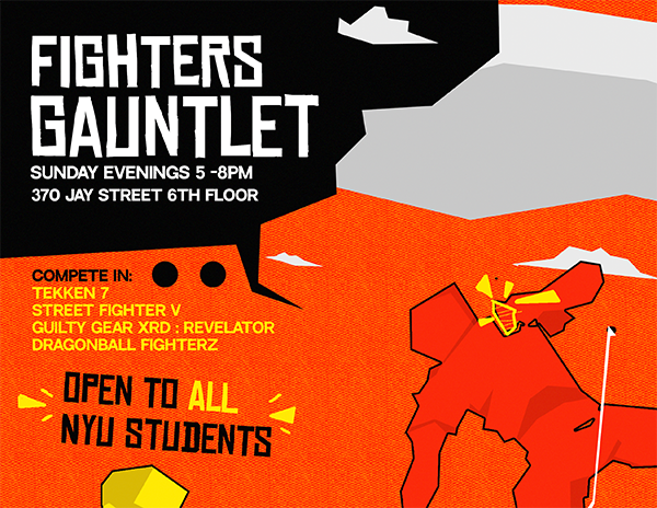 Fighters Gauntlet image with orange and yellow fighters - compete in tekken 7, street fighter V, guilty gear xrd revelator, and dragonball fighter z