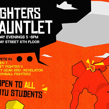 Fighters Gauntlet image with orange and yellow fighters - compete in tekken 7, street fighter V, guilty gear xrd revelator, and dragonball fighter z