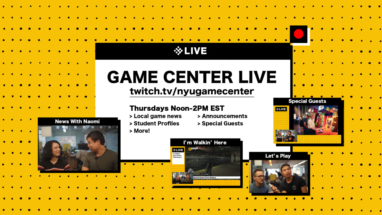 Key art for Game Center live including screenshots of student games and pictures of Faculty talking on the show.