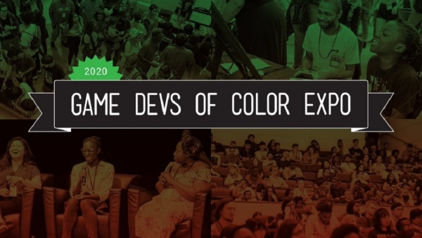 Game Devs of Color logo over photos of past conferences in green-orange gradient.