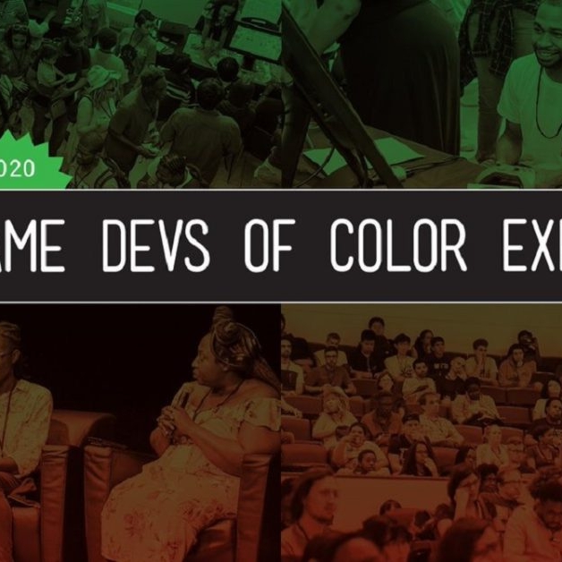 Game Devs of Color logo over photos of past conferences in green-orange gradient.