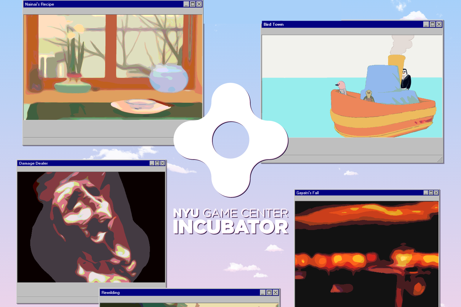 NYU Game Center Incubator Showcase 2022, Thursday, April 21, 7pm featuring Bird Town, nainai's recipe, gayatri falls, rewilding, and damage dealer