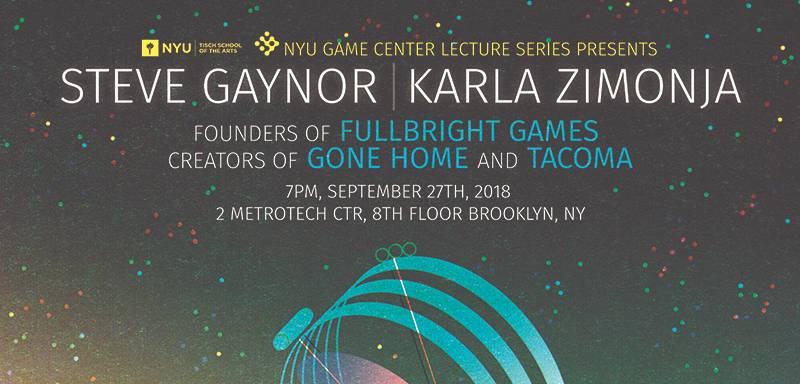 NYU Game Center Lecture Series poster featuring the house from gone home and Tacoma space station
